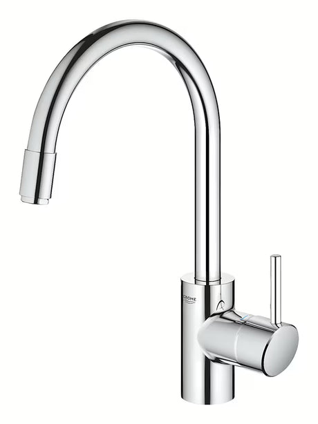 Kromirana armatura za pomivalno korito Grohe Concetto New z visokim vrtljivim izlivom in izvlečno prho.