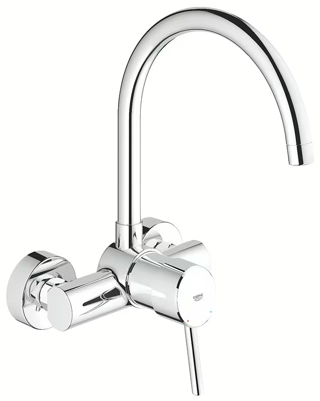 Kromirana stenska armatura za pomivalno korito Grohe Concetto New z visokim vrtljivim izlivom 360°.