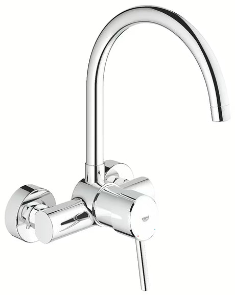 Kromirana stenska armatura za pomivalno korito Grohe Concetto New z visokim vrtljivim izlivom 360°.