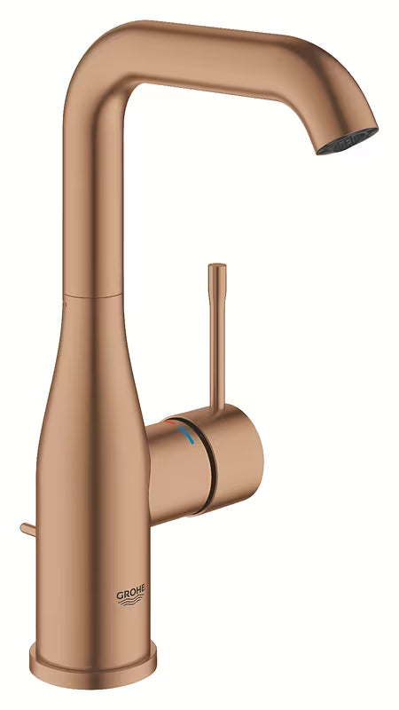 Enoročna stoječa armatura za umivalnik Grohe Essence z odtokom v mat barvi warm sunset.