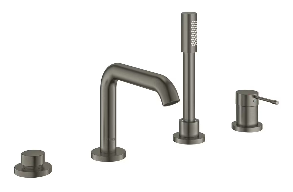 Štiriizvrtinska armatura za kad Grohe Essence New z ročno prho v obdelavi brushed hard graphite.