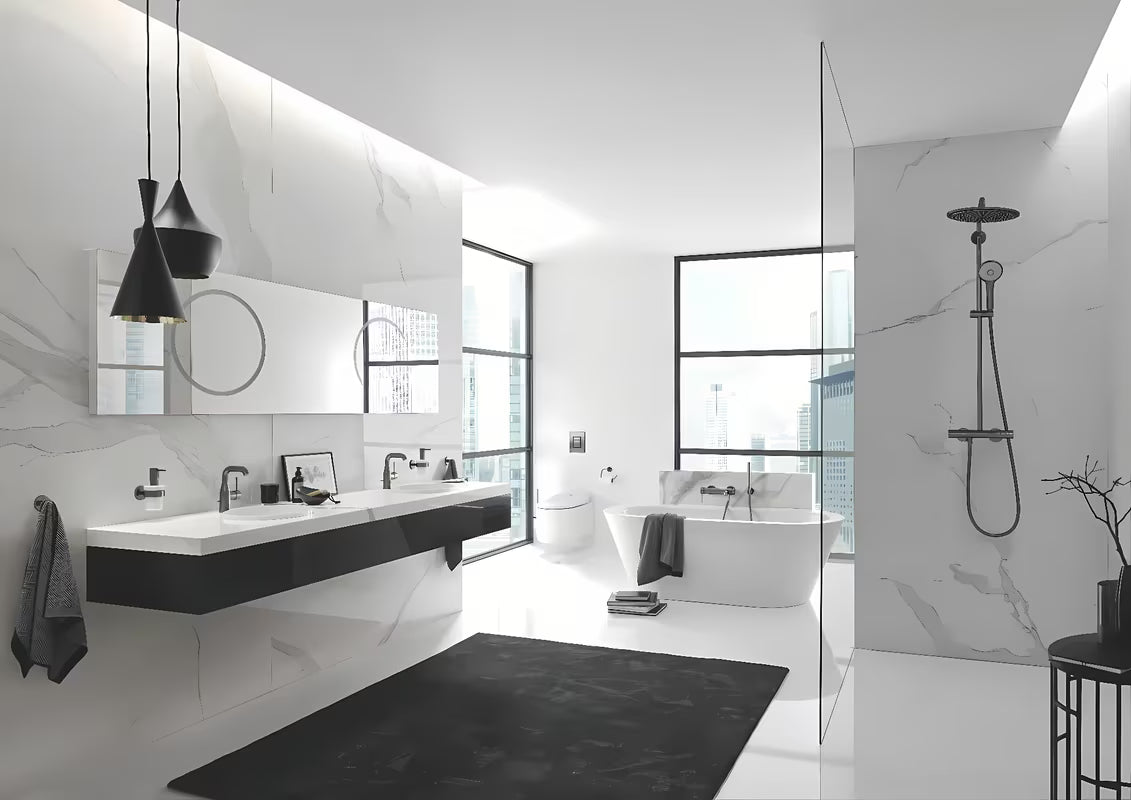 Umivalniška enoročna armatura Grohe Essence New z odtokom v izvedbi brushed hard graphite.