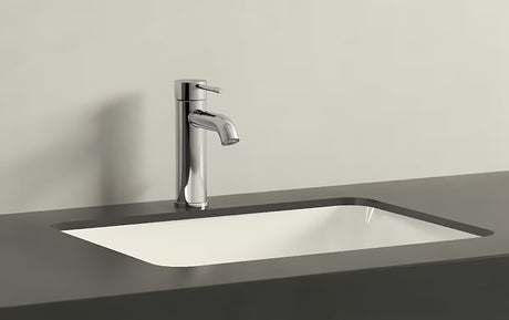 Kromirana enoročna armatura za umivalnik Grohe Essence New z odtočnim kompletom in ukrivljenim izlivom.