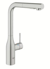 Grohe Essence New armatura za pomivalno korito z visokim vrtljivim izlivom in izvlečno prho v površini supersteel.