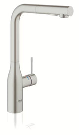 Grohe Essence New armatura za pomivalno korito z visokim vrtljivim izlivom in izvlečno prho v površini supersteel.