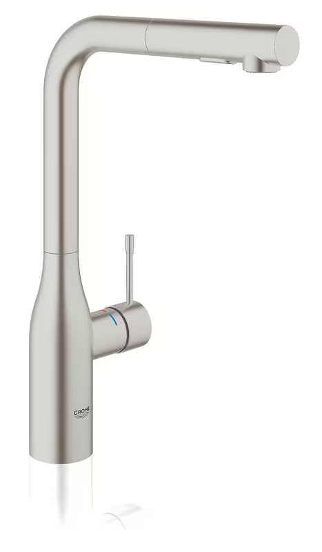 Grohe Essence New armatura za pomivalno korito z visokim vrtljivim izlivom in izvlečno prho v površini supersteel.