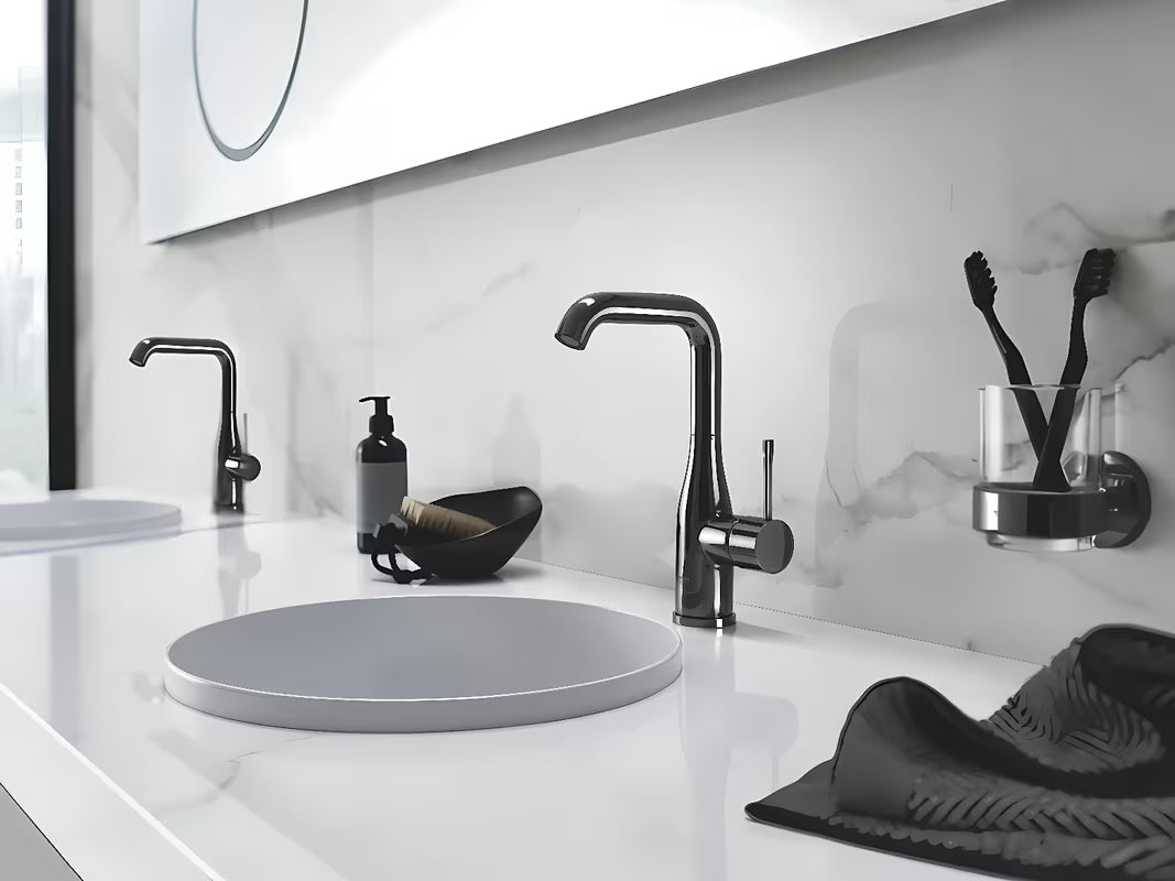 Visoka enoročna armatura za umivalnik Grohe Essence New v površinski obdelavi Hard Graphite z vrtljivim izlivom
