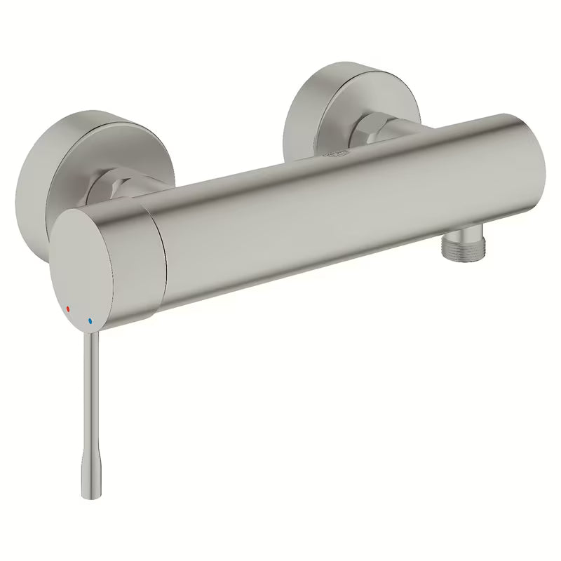 Stenska enoročna armatura za tuš Grohe Essence New v izvedbi supersteel z videzom mat nerjavnega jekla.