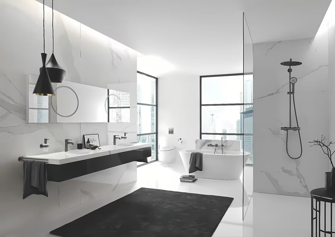 Vrtljiv držalo za brisače Grohe Essentials v izvedbi Brushed Hard Graphite z dvema ročajema in skritim pritrjevanjem.