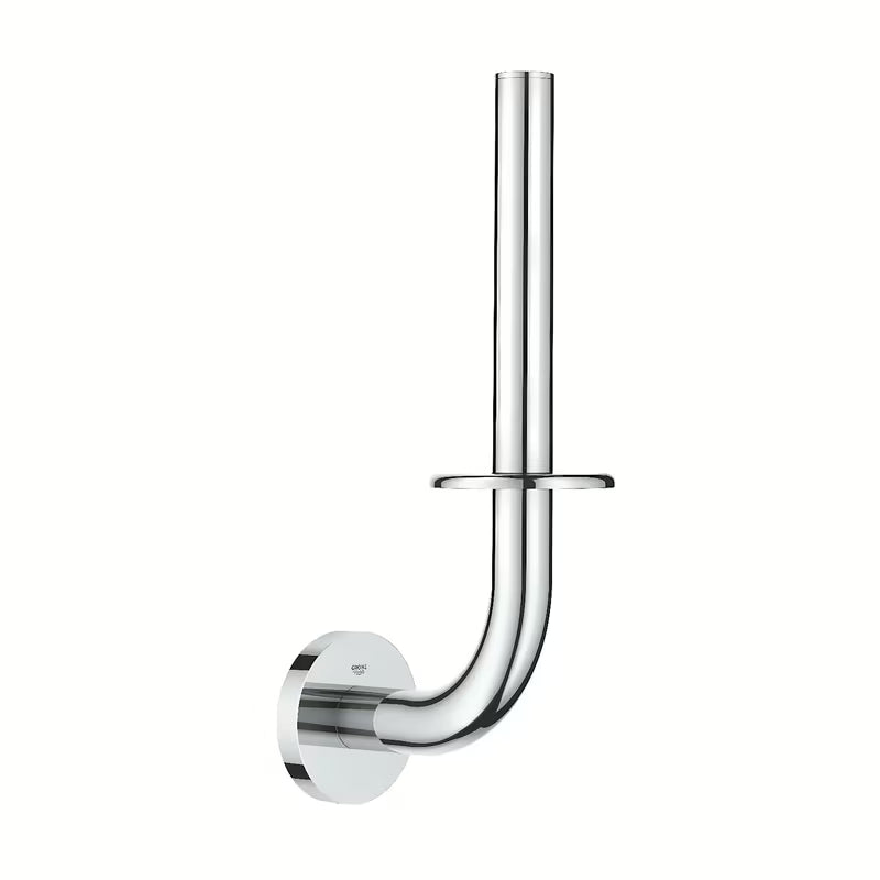 Kromiran držalo za toaletni papir Grohe Essentials s skritim stenskim pritrjevanjem.