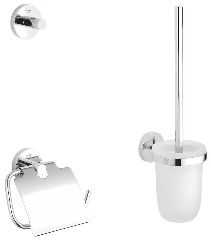 Kromirana komplet kopalniških dodatkov Grohe Essentials s kavljem, držalom za papir s pokrovom in WC školjka krtačo