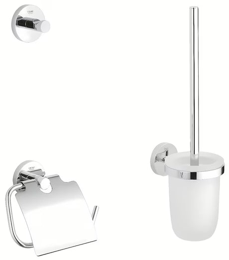 Kromirana komplet kopalniških dodatkov Grohe Essentials s kavljem, držalom za papir s pokrovom in WC školjka krtačo