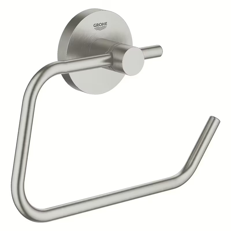 Držalo za toaletni Papir Grohe Essentials brez pokrova v izvedbi supersteel s skritim pritrjevanjem.