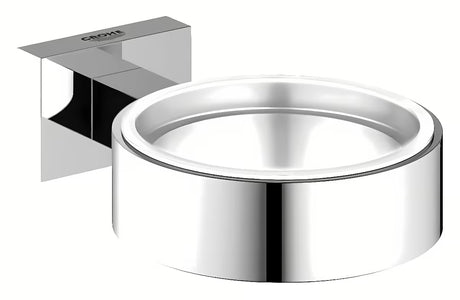 Kromiran stenski držalo Grohe Essentials Cube pro za kozarec, milnik ali dozirnik s skritim pritrjevanjem.