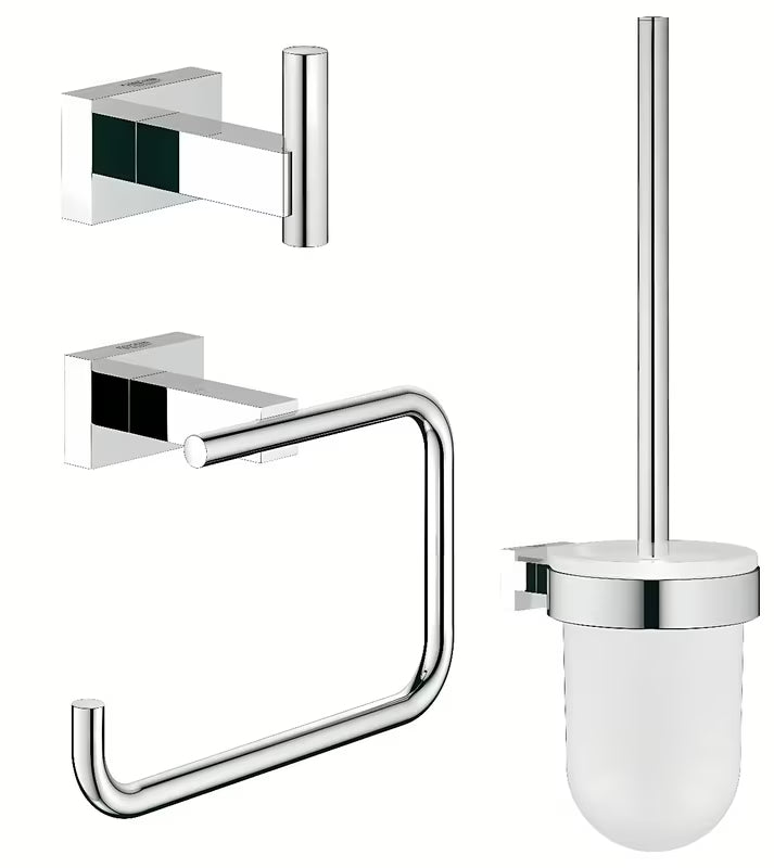 Kromirana komplet dodatkov Grohe Essentials Cube s kavljem, držalom za toaletni papir in WC školjka krtačo