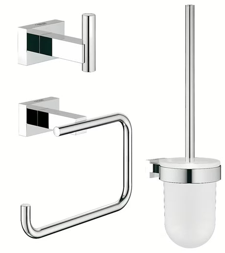 Kromirana komplet dodatkov Grohe Essentials Cube s kavljem, držalom za toaletni papir in WC školjka krtačo