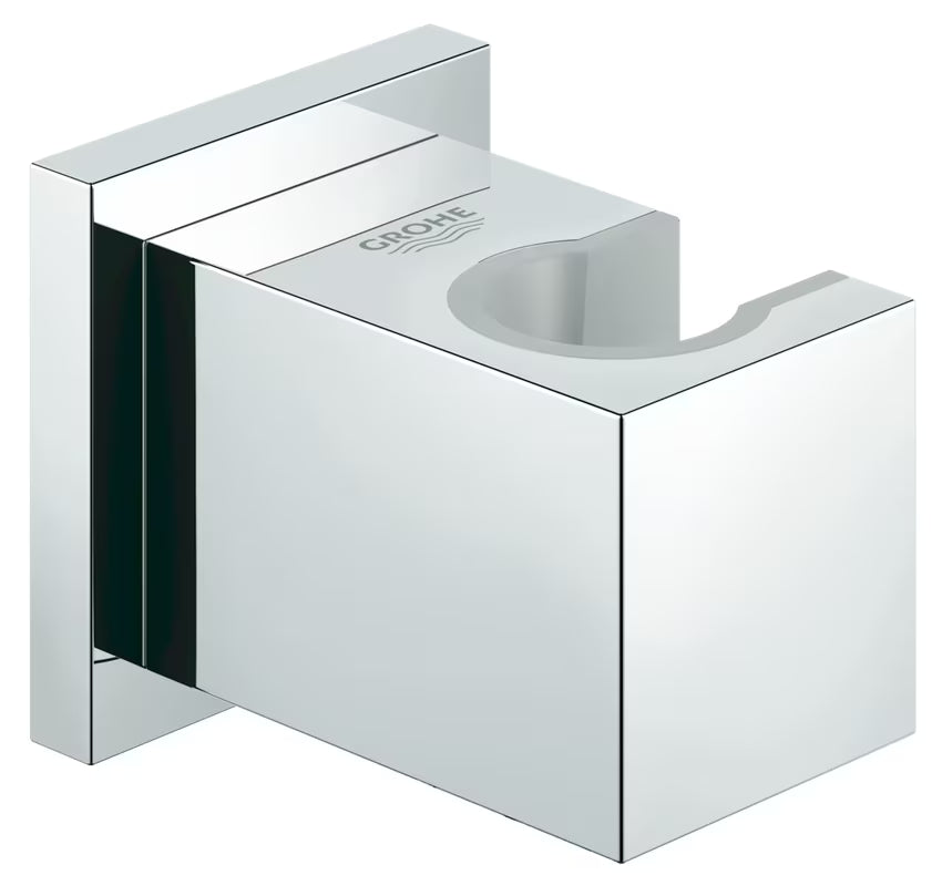 Fiksni kromiran nosilec tuš ročke Grohe Euphoria Cube v oglati zasnovi.