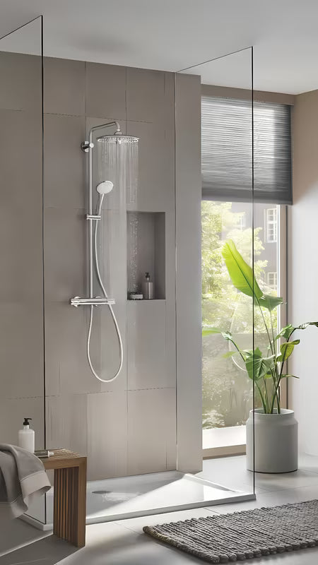 Krom tušni sistem Grohe Euphoria System s termostatsko armaturo z nadglavno in ročno prho