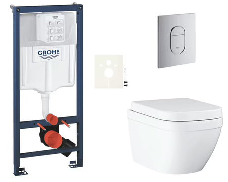 Viseči WC set Grohe Euro Ceramic z instalacijskim modulom Rapid SL, tipko Arena Cosmopolitan in sedežem mehko Zapiranje Soft Close.