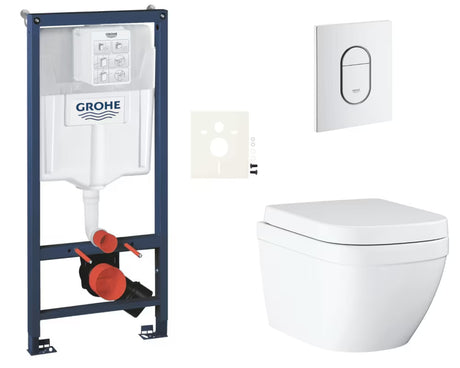Viseči WC set Grohe Euro Ceramic z instalacijskim sistemom Rapid SL, tipko Arena Cosmopolitan in sedežem mehko Zapiranje Soft Close