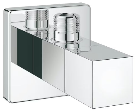 Kromiran kotni ventil Grohe Eurocube s kovinskim ventilom in kovinsko rozeto pro za stensko montažo.