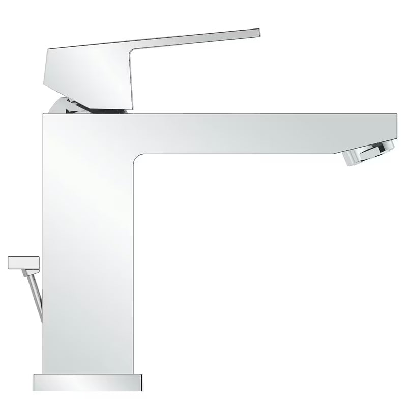Kromirana enoročna armatura za umivalnik Grohe Eurocube s srednje visokim izlivom in odtočnim kompletom.