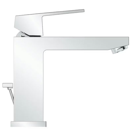 Kromirana enoročna armatura za umivalnik Grohe Eurocube s srednje visokim izlivom in odtočnim kompletom.