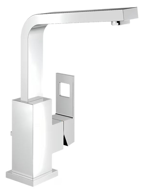 Kromiran armatura za pomivalno korito Grohe Eurocube z visokim vrtljivim izlivom v oglati izvedbi.
