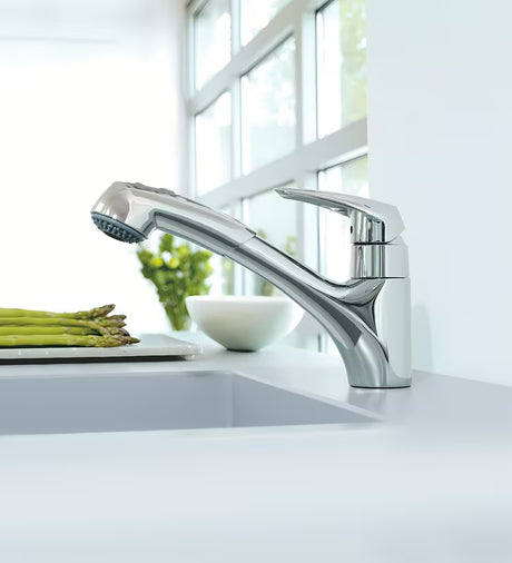 Kromirana armatura za pomivalno korito Grohe Eurodisc z izvlečno prho i s okretnim izljevom