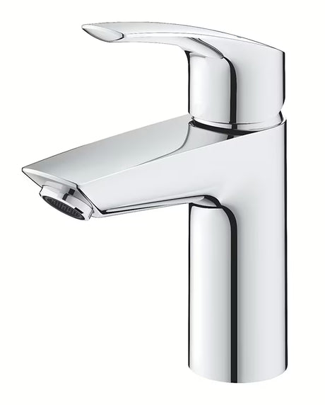 Kromirana enoročna stoječa armatura za umivalnik Grohe Eurosmart New s click-clack-odtokom.