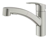 Enoročna stoječa armatura za pomivalno korito Grohe Eurosmart New v izvedbi supersteel z vrtljivim izlivom.