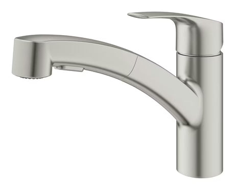 Enoročna stoječa armatura za pomivalno korito Grohe Eurosmart New v izvedbi supersteel z vrtljivim izlivom.
