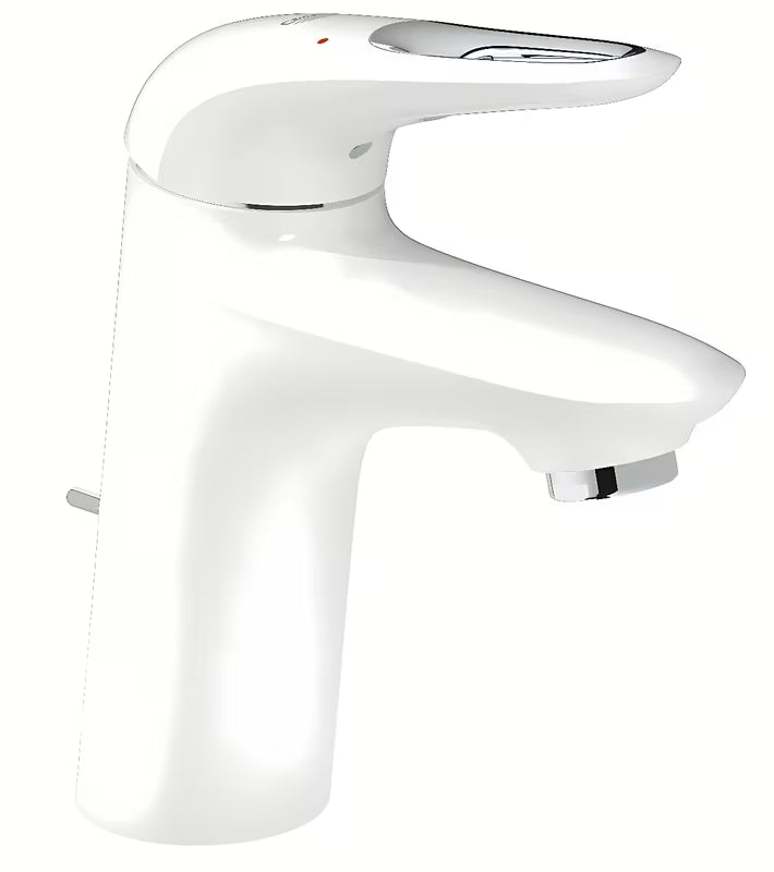 Enoročna armatura za umivalnik Grohe Eurostyle New z odtokom v površinski obdelavi Moon White.