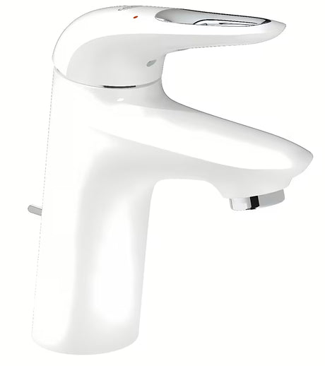 Enoročna armatura za umivalnik Grohe Eurostyle New z odtokom v površinski obdelavi Moon White.