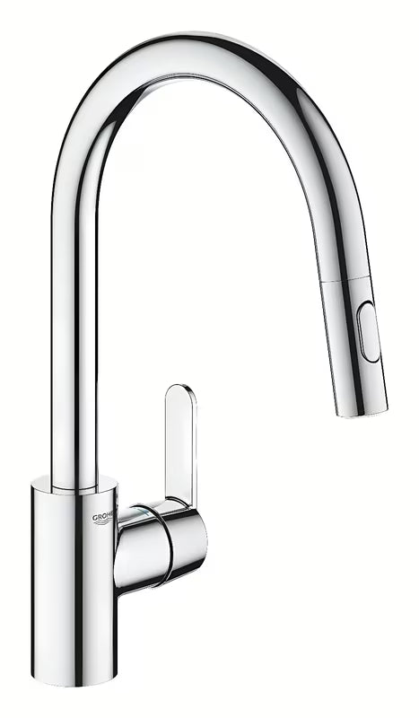Kromirana armatura za pomivalno korito Grohe Get z ročnim upravljanjem in izvlečno prho z dvema načinoma curka.