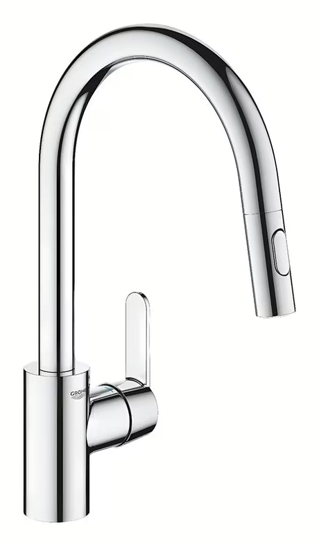 Kromirana armatura za pomivalno korito Grohe Get z ročnim upravljanjem in izvlečno prho z dvema načinoma curka.