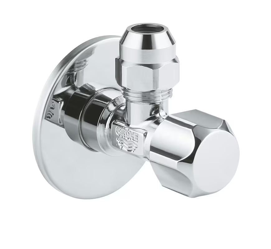 Kotni ventil Grohe DN 15 v izvedbi chrome z ergonomskim ročajem in kovinsko rozeto.