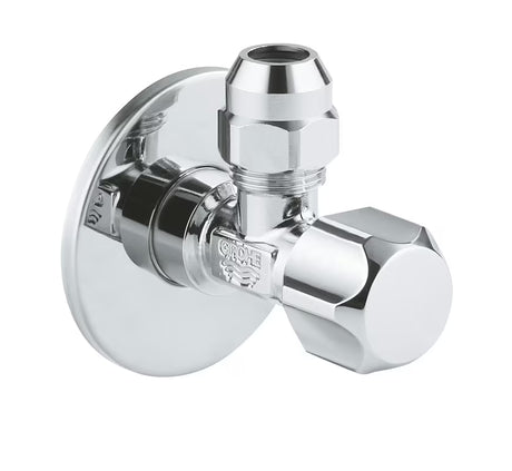 Kotni ventil Grohe DN 15 v izvedbi chrome z ergonomskim ročajem in kovinsko rozeto.