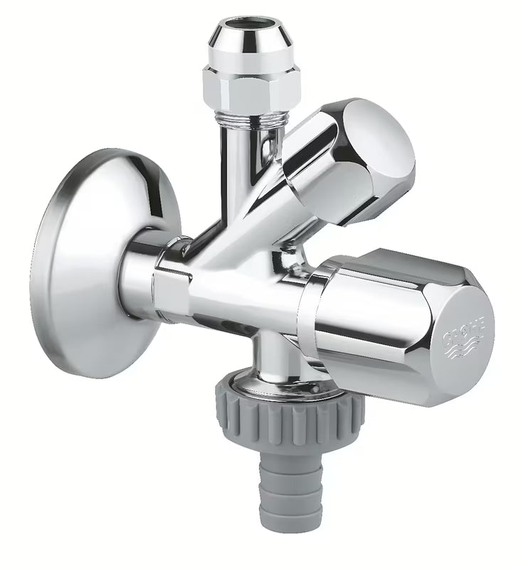 Kotni ventil Grohe pro za stensko montažo s protipovratnim ventilom in kovinsko rozeto.
