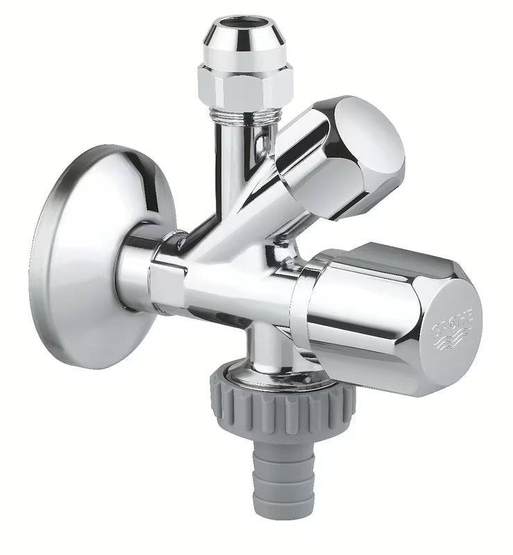 Kombi kotni ventil Grohe pro za stensko montažo s kompenzacijo dolžine in kovinsko rozeto.