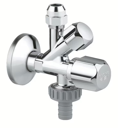 Kombi kotni ventil Grohe pro za stensko montažo s kompenzacijo dolžine in kovinsko rozeto.