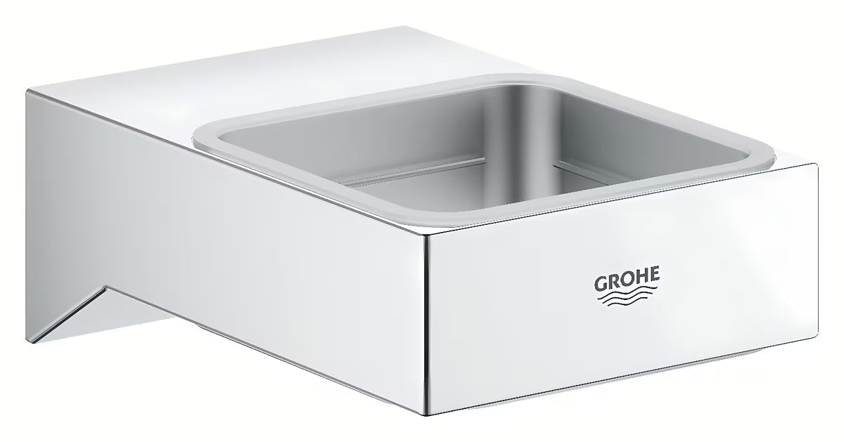 Kromiran stenski držalo za milo Grohe Selection Cube brez kozarca s skritim pritrjevanjem.