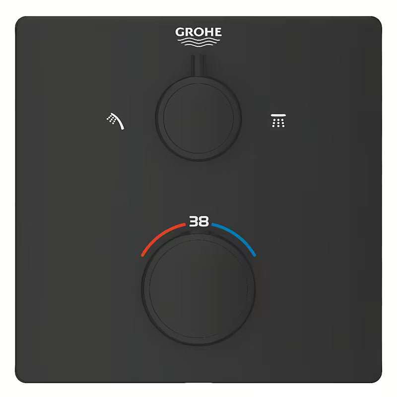 Mat črna podometna termostatska armatura za tuš Grohe Grohtherm s kvadratnim upravljanjem.