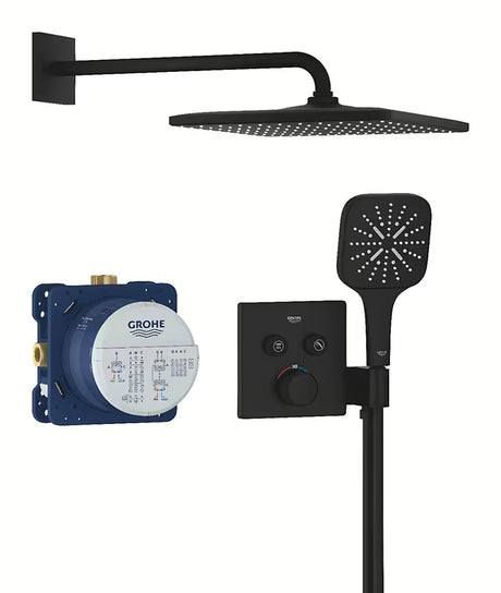 Podometni tušni sistem Grohe Grohtherm smartcontrol v mat črni barvi z nadglavno in ročno prho