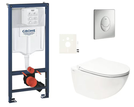 Viseči WC set SAT Infinitio u bijeloj boji s instalacijskim sustavom Grohe Rapid SL i tipkom Skate Air