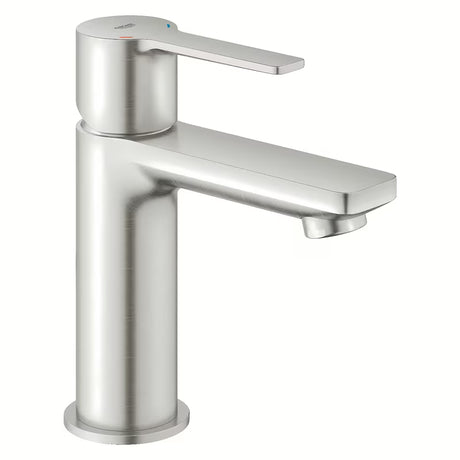 Umivalniška enoročna armatura Grohe Lineare v izvedbi supersteel s click-clack-odtokom in s kratkim izlivom