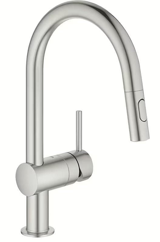 Armatura za Pomivalno Korito Grohe Minta v izvedbi supersteel z visokim vrtljivim izlivom in izvlečno prho