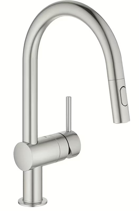 Armatura za Pomivalno Korito Grohe Minta v izvedbi supersteel z visokim vrtljivim izlivom in izvlečno prho