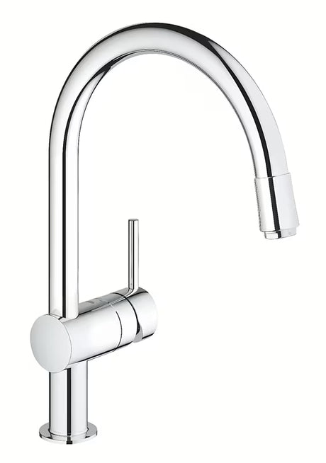 Kromirana armatura za pomivalno korito Grohe Minta s visokim C izljevom, okretanjem 360° i izvlačnim tušem