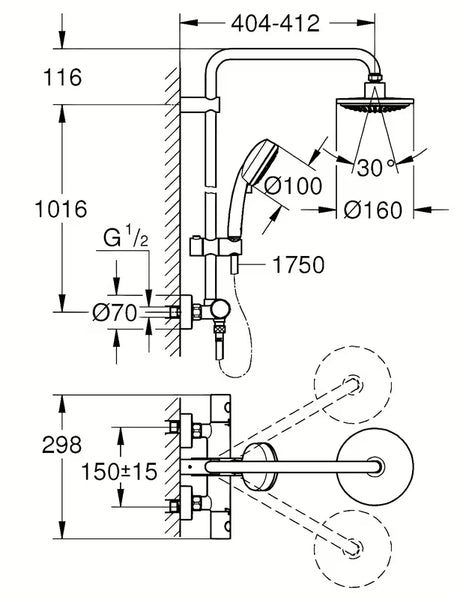 Tušni sistem Grohe New Tempesta Cosmopolitan 160 s termostatsko armaturo v krom izvedbi